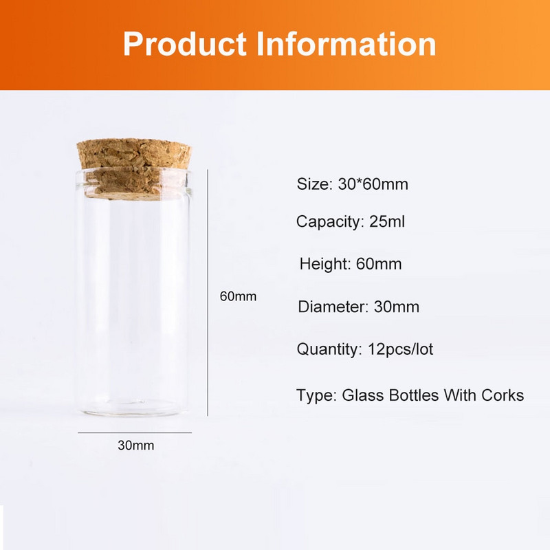 25 ml-es barkácsolás mini kívánságüveg palackok parafa dugós 30*60 mm-es apró átlátszó üres tégelyek kézműves ajándéküveg üvegek