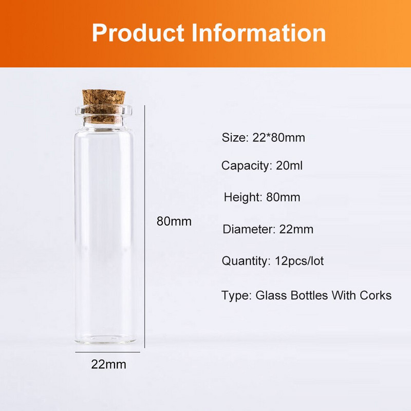 12db Mini Átlátszó Üveg Kívánság Üveg Üzenet Palack parafa dugóval Esküvői dekorációs flakon 22x80mm 20ml