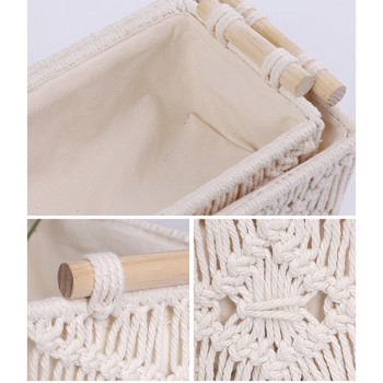 Boho Style Cotton Rope Woven Box Υφαντά καλάθια αποθήκευσης με ξύλινη λαβή Καλλυντικό Organizer Organizer γραφικής ύλης