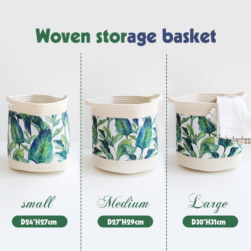 Nordic Style Tropical Green Leaf Sandėliavimo krepšelis Rankomis austas medvilninės virvės laikymo kibiras Sulankstomas augalų krepšelis Namų organizatorius