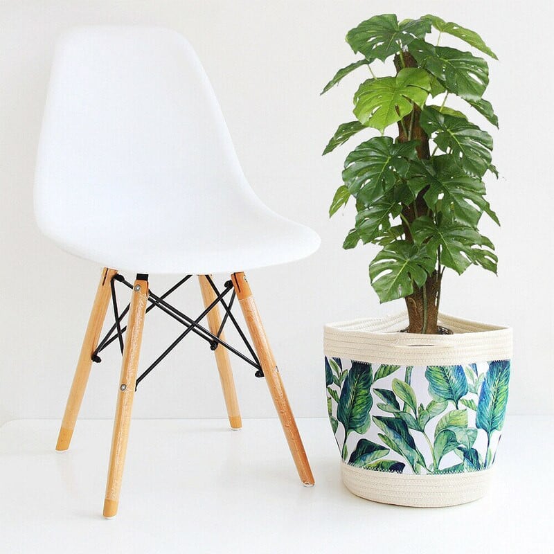 Nordic Style Tropical Green Leaf Sandėliavimo krepšelis Rankomis austas medvilninės virvės laikymo kibiras Sulankstomas augalų krepšelis Namų organizatorius