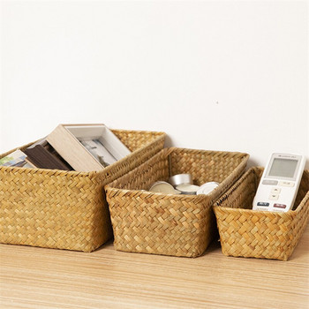 Ръчно изработени плетени кутии за съхранение Кошници за съхранение от слама Правоъгълник Козметични джаджи Играчки Кошница Контейнер Начало Организация на банята