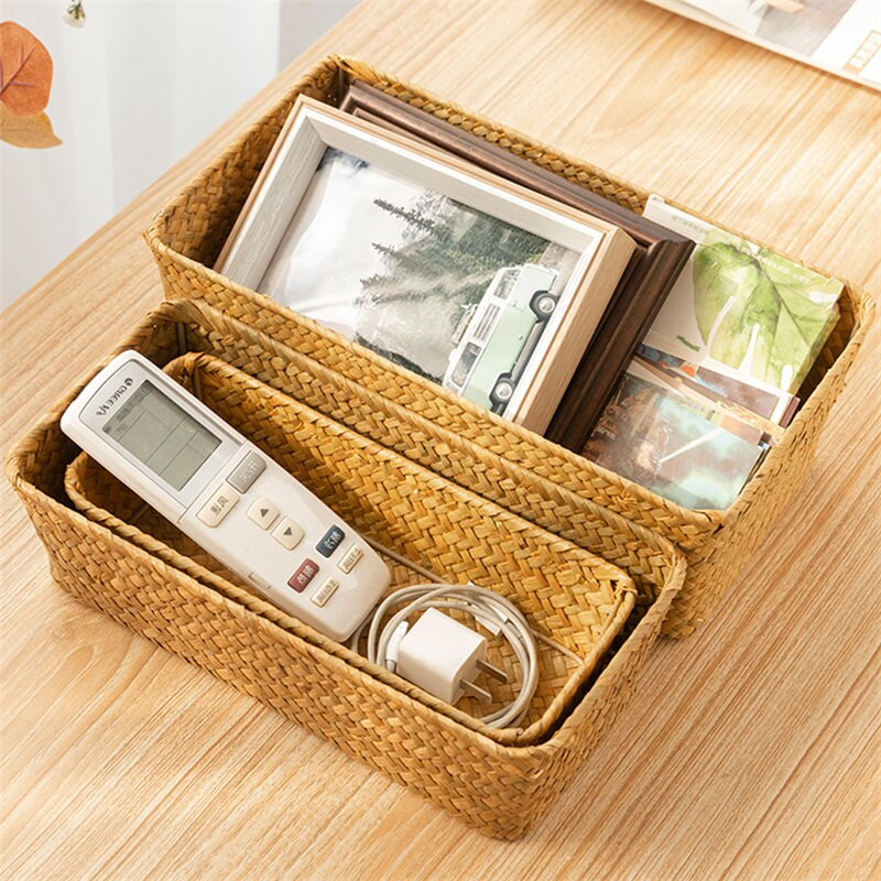 Χειροποίητα υφαντά κουτιά αποθήκευσης Ψάθινα καλάθια αποθήκευσης Ορθογώνια καλλυντικά Gadgets Παιχνίδια Καλάθι Δοχείο Οργάνωση μπάνιου σπιτιού