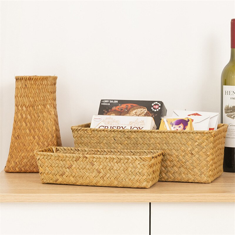 Χειροποίητα υφαντά κουτιά αποθήκευσης Ψάθινα καλάθια αποθήκευσης Ορθογώνια καλλυντικά Gadgets Παιχνίδια Καλάθι Δοχείο Οργάνωση μπάνιου σπιτιού