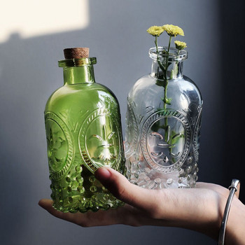 1 бр. Винтидж стъклена ваза за бутилка за цветя, прозрачна издълбана кръгла стъклена ваза Ароматерапевтична хидропонна ваза Декорация на домашен стъклен буркан