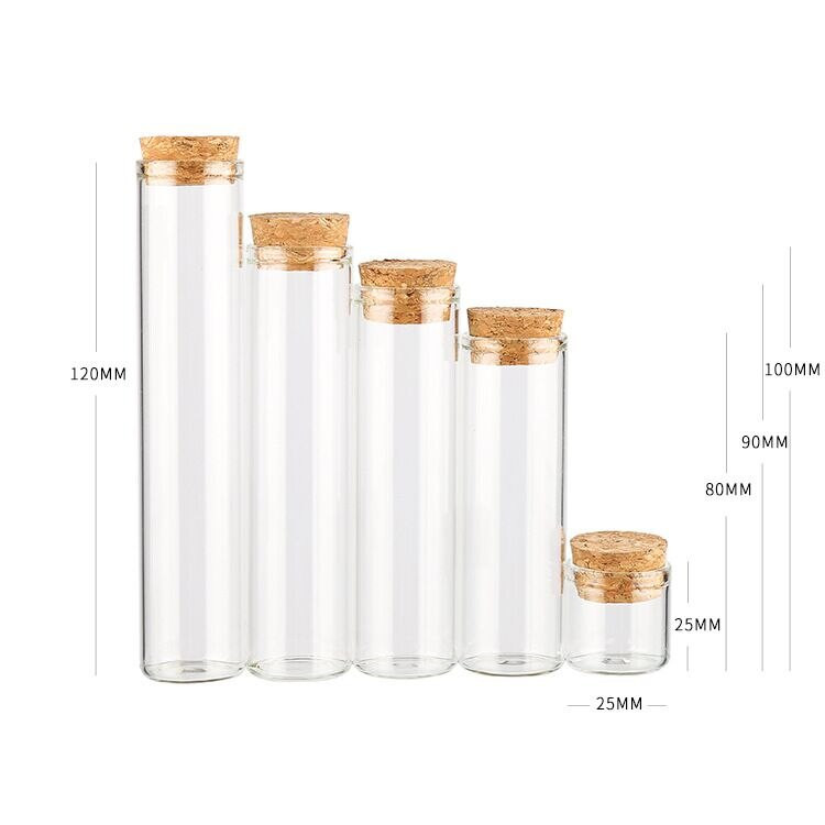 5db 40ml 50ml 60ml 80ml átlátszó tubus üvegpalack üres tégelyek parafa dugós fiola Esküvői lakberendezési barkácsolás kívánság üvegek