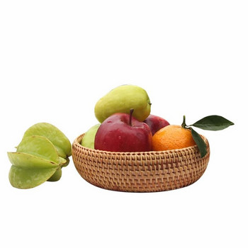 Ръчно тъкана кръгла ратанова кошница с плодове Ратанова кошница Поднос за пикник Кошница за съхранение на храна Плодов хляб Организатор за съхранение на храна