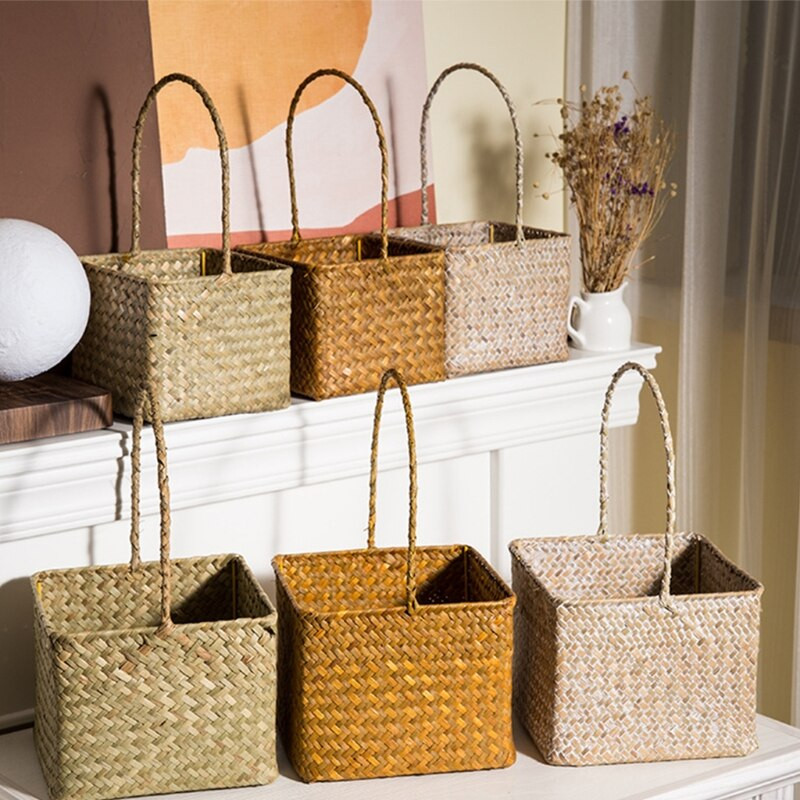 Ins stílusú tengerifű kosár kézzel készített szőtt növényi kosarak különféle virágcserepek díszítésére, háztartási tárolóedényekre