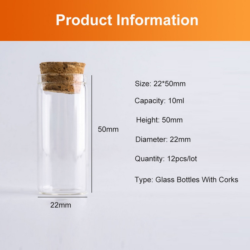 12db mini üvegpalack 22 * 50 mm-es 10 ml-es fiola parafa kézműves üres konténer átlátszó barkácsüveg mini palack