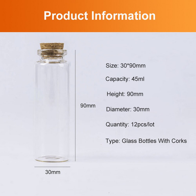 12 db 45 ml-es 30*90 mm-es kis üvegpalack dugós dugóval fűszer mini palackok tartály barkács üvegek üvegek tároló palackok