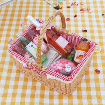 Кошница за пикник Плетена кошница Кошница за пазаруване Правоъгълна червена подложка Дръжка Кошница за подаръци Кошница за хляб Кошница за зеленчуци