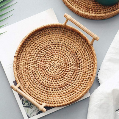 Rattan tárolótálca kerek kosár fogantyúval Kézzel szőtt rattan tálca Fonott kosár Kenyér Gyümölcs Étel Reggeli Kijelző L