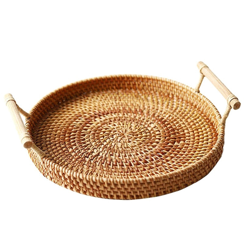 Rattan tárolótálca kerek kosár fogantyúval Kézzel szőtt rattan tálca Fonott kosár Kenyér Gyümölcs Étel Reggeli Kijelző L
