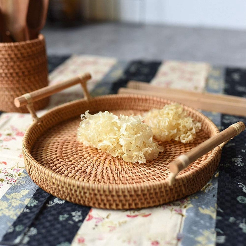 Rattan tárolótálca kerek kosár fogantyúval Kézzel szőtt rattan tálca Fonott kosár Kenyér Gyümölcs Étel Reggeli Kijelző L