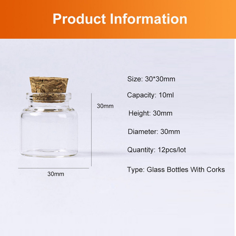 30*30mm-es 10ml-es mini átlátszó üveg palack parafa dugóval DIY üvegfiolák Üvegek Tárolópalackok Kívánságpalack 12db
