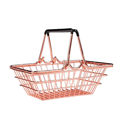 Coș de depozitare mini metal din aur roz Coș de cumpărături șic și elegant Coș de depozitare bomboane Organizator de resturi de birou dublu mâner