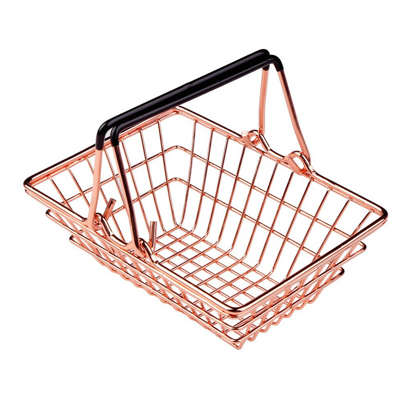 Mini Metal Rose Gold Tárolókosár Elegáns Bevásárlókosár Stílusú Cukorka Tároló Kosár Íróasztal törmelékrendező dupla fogantyú