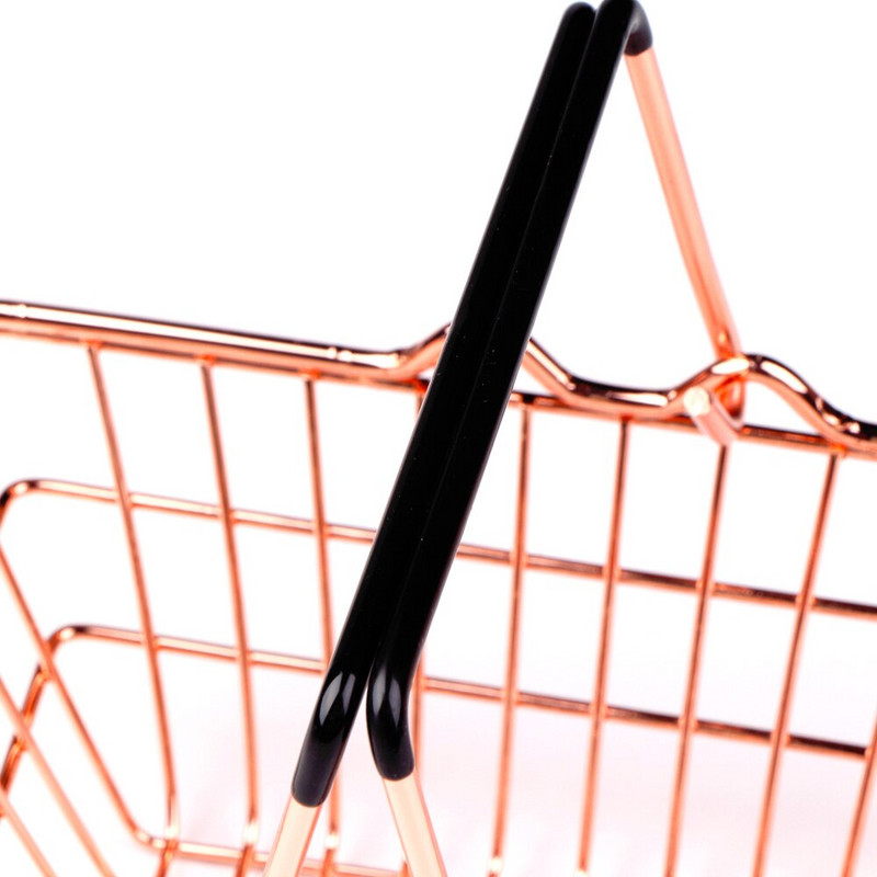 Mini Metal Rose Gold Tárolókosár Elegáns Bevásárlókosár Stílusú Cukorka Tároló Kosár Íróasztal törmelékrendező dupla fogantyú