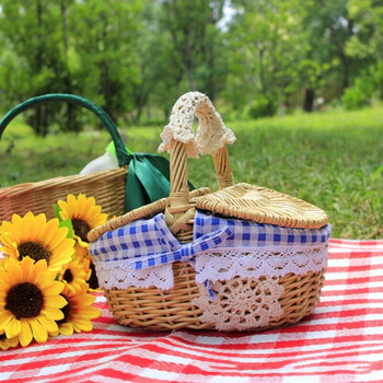 Ратанова кошница за пикник на открито в селски стил Плетена кошница с капак и дръжка