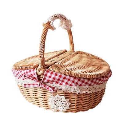 Rattan Outdoor Picnic Basket Country Style Wicker Hamper with Lid and Handle