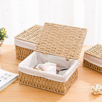 Настолна кошница за съхранение с капак Кутия за съхранение на различни предмети Плетена кошница за организиране на козметични закуски Органайзер Кутии Домашно съхранение