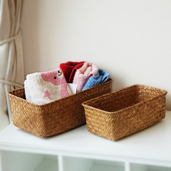Правоъгълна плетена кутия за съхранение Ратанови кърпи Джаджи Играчки Кошница Контейнер Екологична кошница Органайзер за домашен рафт за баня