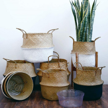 20 см ръчно изработена плетена кошница от ратан с водоустойчиво покритие Сгъваема кошница за съхранение на дрехи от морска трева Начало Декор Органайзер за саксия