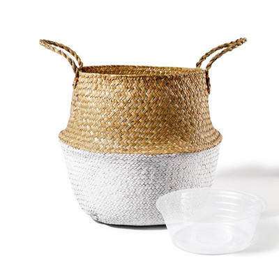 20 cm-es, kézzel készített rattan szőtt kosár vízálló huzattal Összehajtható tengerifű ruhatároló kosár lakberendezési virágcserép-rendező