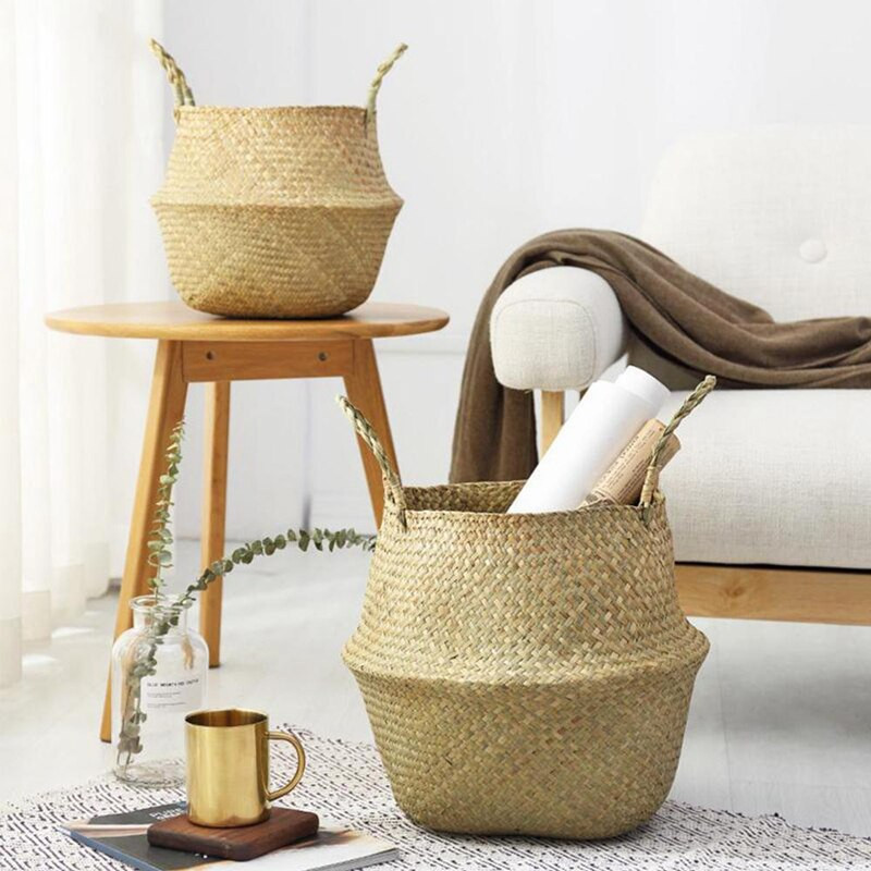 20 cm-es, kézzel készített rattan szőtt kosár vízálló huzattal Összehajtható tengerifű ruhatároló kosár lakberendezési virágcserép-rendező