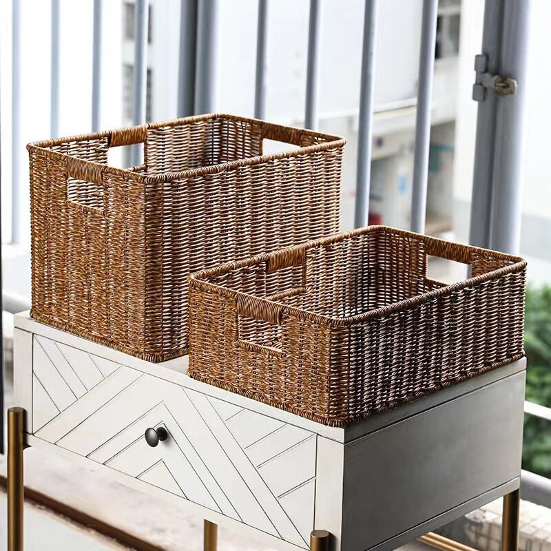 Kézzel szőtt rattan tárolókosár fonott tárolódoboz Négyszögletes háztartási állványos gardrób tárolódoboz