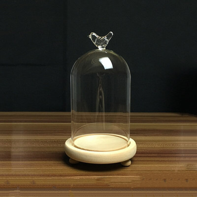 12*16cm Vază cu dom din sticlă pentru pasăre, capac decorativ transparent pentru casă, cu trei picioare, bază de busteni