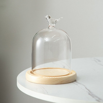 12*16cm Vază cu dom din sticlă pentru pasăre, capac decorativ transparent pentru casă, cu trei picioare, bază de busteni
