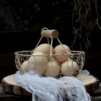 Дървена дръжка Метална ретро кошница Преносима многофункционална Зеленчуци Плодове Яйце Бакалии Практична кошница за съхранение Организатор
