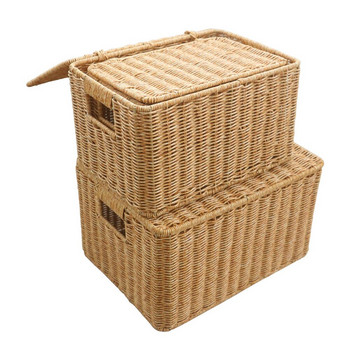 Ръчно тъкана кошница за съхранение Ратанова тава за съхранение PP Ратанова кошница Хляб Плодове Храна Закуска Светлокафява с капак Кошница за съхранение