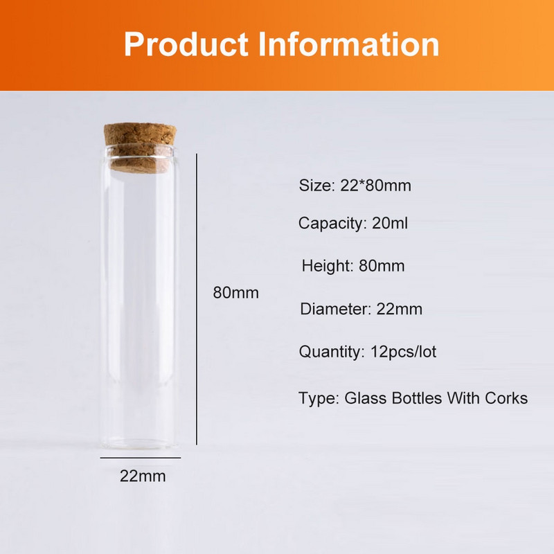 22*80mm-es 20ml-es barkács kis üvegpalack parafa dugóval mini átlátszó tároló üveges esküvői dekorációs tartály 12db