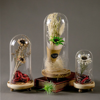 10*12 см малък размер стъклена куполна ваза Декорация на дома Три крака Дървена основа Прозрачен капак Направи си сам Подарък за приятел Сватба на живо Реквизит