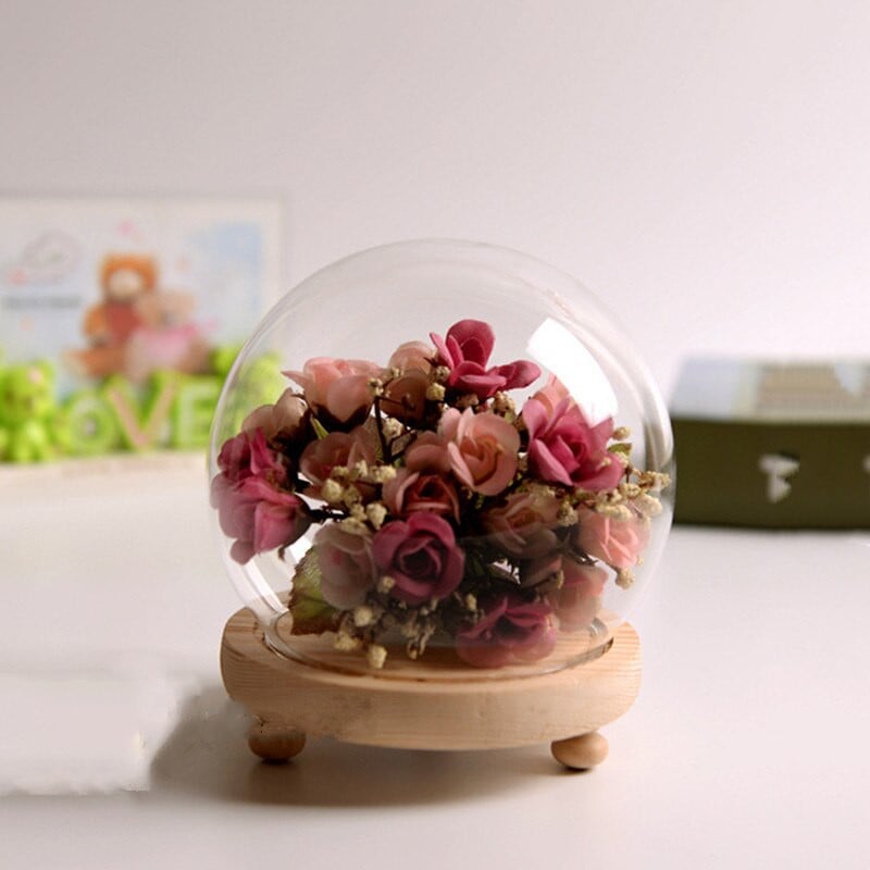 Átmérő = 12 cm Közepes méretű, kerek formájú üvegkupola váza otthoni dekorációs rönk alap átlátszó borító Esküvői kellék barát ajándék