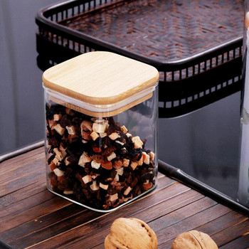 2 бр./опаковка Диаметър=6 см Прозрачен резервоар за съхранение на кутии за чай от високо боросиликатно стъкло Защита на околната среда Запечатан съд Бамбуков капак