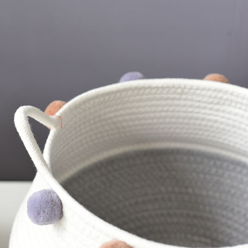 Pamut kötél Tárolókosár Pom Pom Gyerekjátékok Kézzel szőtt asztali összecsukható táska harapnivalókhoz Különféle piszkos ruhák akadályoztatók