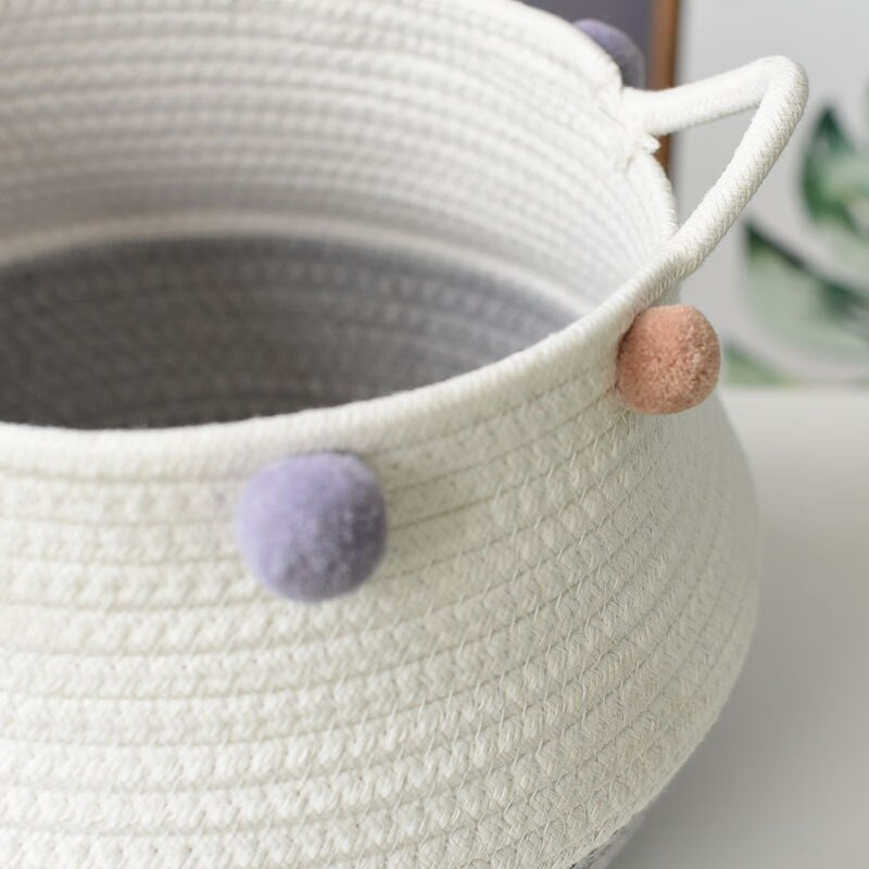 Pamut kötél Tárolókosár Pom Pom Gyerekjátékok Kézzel szőtt asztali összecsukható táska harapnivalókhoz Különféle piszkos ruhák akadályoztatók