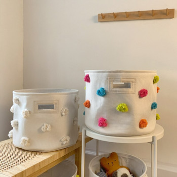 Памучно бельо Кошница за съхранение на играчки Голям сладък кош за детска стая Помпон Органайзер за играчки Кошница за съхранение