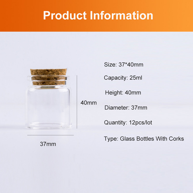 12 vnt 25 ml 37 * 40 mm mini stikliniai buteliai Mėgintuvėlis kamštienos kamštelis prieskonių buteliukų talpyklė Maži "pasidaryk pats" stiklainiai Buteliukai mažytis buteliuko stiklas