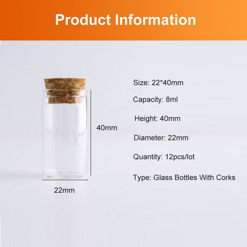 22*40mm-es 8ml-es üvegedény parafa kis átlátszó mini üveges esküvői dekorációs tartály 12db