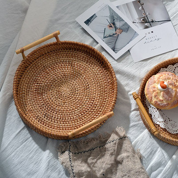 Ръчно тъкана тава за съхранение от ратан Плодов хляб Торта Закуски Кошница за храна с дръжка Кръгла форма Чиния Декорация на домашна кухня