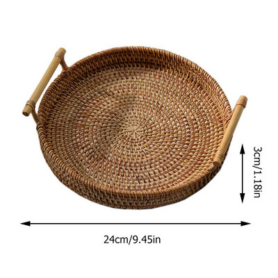 Rankų austo rotango laikymo padėklas Vaisių duonos pyragas Užkandžiai Maisto krepšelis su rankena Apvalios formos lėkštė Namų virtuvės apdaila