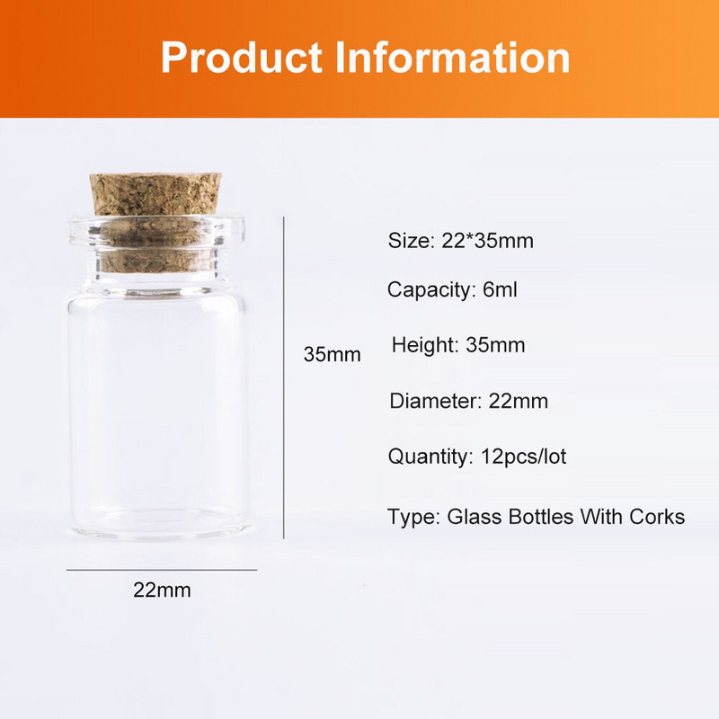 22*35mm-es 6ml-es Mini átlátszó üvegpalackok parafa dugóval barkácsolj esküvői dekoratív üvegedények kívánságpalackot 12db