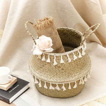 Ръчно изработени бамбукови кошници за съхранение Плетена кошница от морска трева Градинска саксия Кошница за пране Контейнер Държач за играчки с бял пискюл