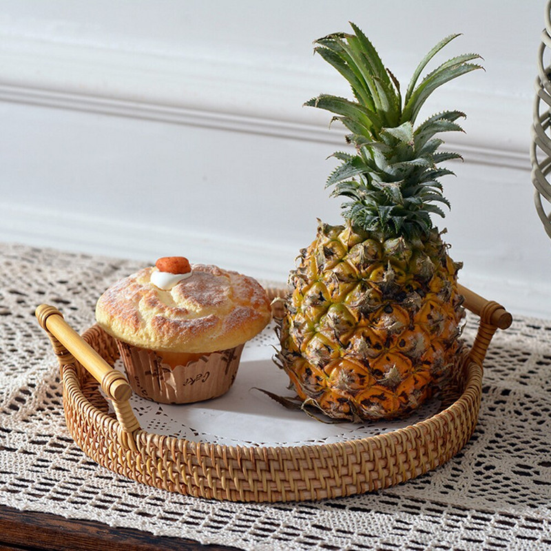 Ратанова ръчно тъкана кръгла тава Скандинавски стил Ратанова тъкан Съхранение на закуската Напитка Печене на плодове Кафе Мебели Кръгли тави Чай