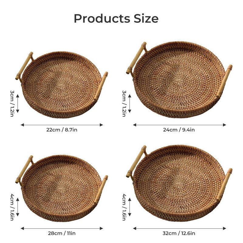 Ратанова ръчно тъкана кръгла тава Скандинавски стил Ратанова тъкан Съхранение на закуската Напитка Печене на плодове Кафе Мебели Кръгли тави Чай