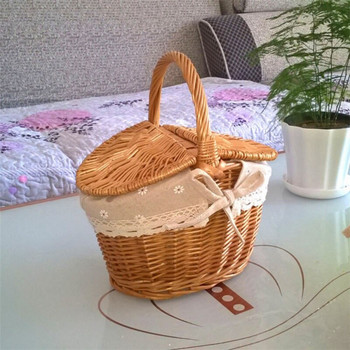 Плетена кошница за пикник Кошница Къмпинг Храна Плодове Кошница за пикник Чанти за съхранение на ръце Контейнер за напитки с капак